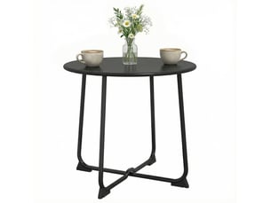 Table basse de jardin ronde de 50 cm de diamètre, en métal, avec piètement en x et pieds antidérapants, noire.
