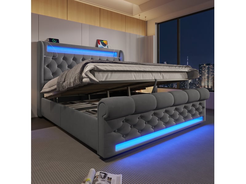  Lit coffre 140x190 cm en velours gris avec led, usb et ports type-c intégrés  - Conforama D