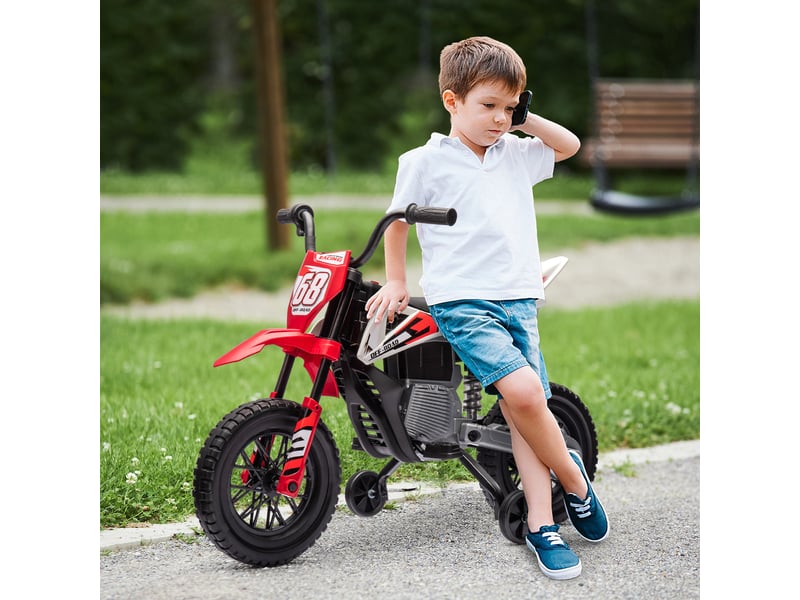  Moto électrique pour enfants de 3 ans et plus, batterie 12 v, musique et roues auxiliaires, capacité de charge de 30 kg, rouge  - Conforama C