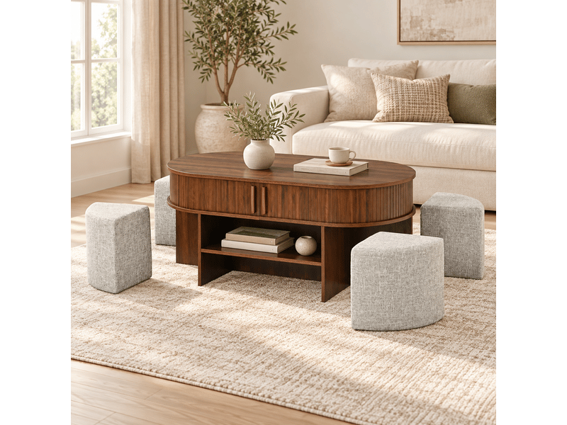  Table basse ovale de rangement avec panneaux rainurés verticaux, noyer, ensemble table basse avec tabourets en tissu  - Conforama B