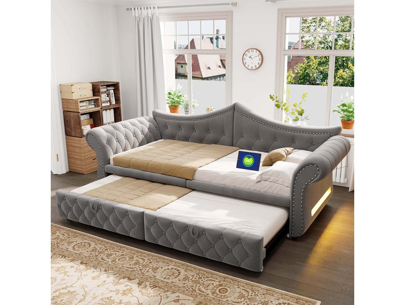 Lit gigogne 3-en-1 90x200 cm en velours gris avec usb et led, sans matelas - Conforama B