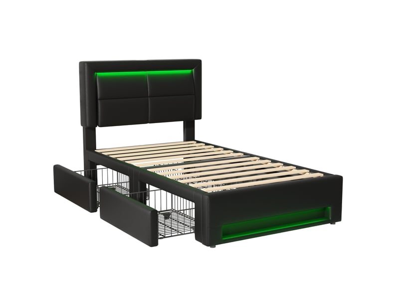  Lit enfant 90x190cm avec 4 tiroirs, ports usb de chargement, lumières led, design moderne, pu, noir, sans matelas  - Conforama E