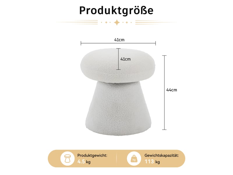  066-tabouret pivotant moderne pour salon chambre à coucher, tabouret rembourré en tissu teddy en forme de champignon créatif avec rotation à 360°, DE-DK-066 WHT - Conforama A