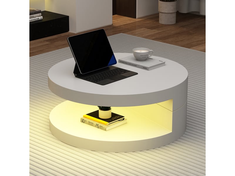  Table basse ronde blanche pivotante 360° avec led, table de salon double plateau mdf, 70x70x35.5cm  - Conforama C