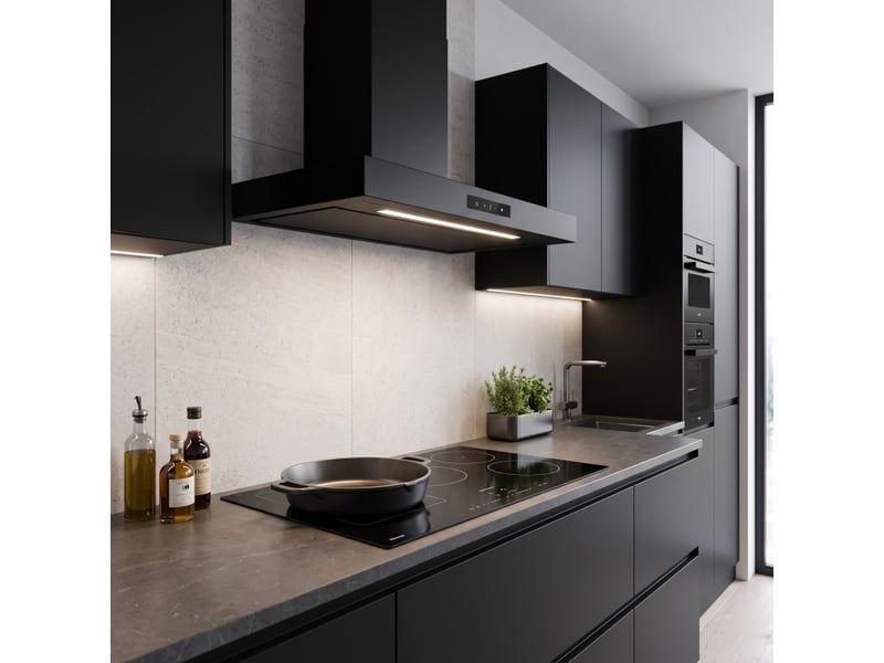  Hotte aspirante box noir beldeko 90 cm noire, commande gestuelle, 858 m³h, 4 vitesses, éclairage led, a+++  - Conforama E