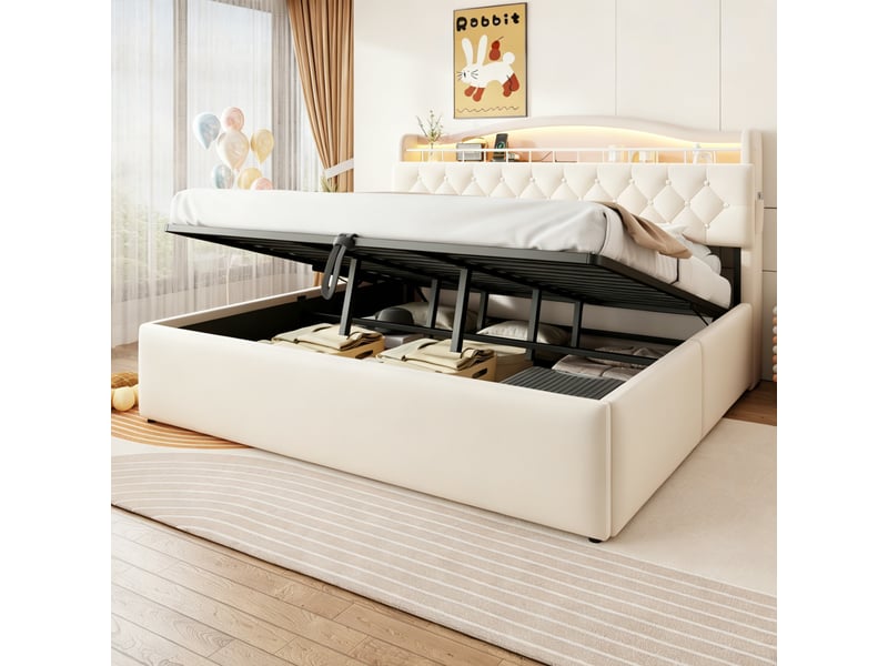  Lit coffre 180x200 cm, lit double, rangement hydraulique, led, velours beige, usb et usb-c  - Conforama C