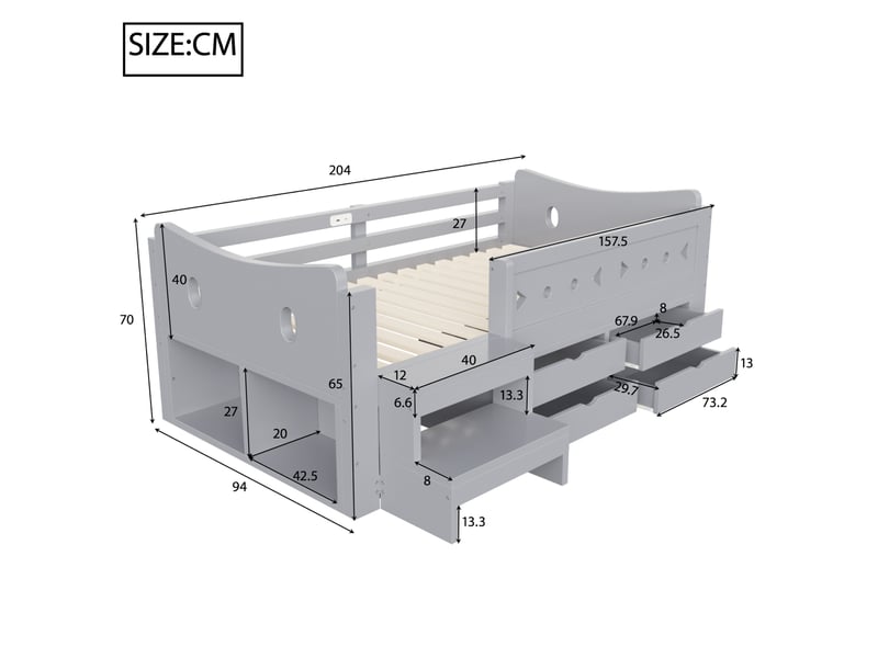  Lit enfant 90 × 200 cm 1 place sécurisé avec 4 tiroirs, led, usb et type-c, sans matelas, en bois, gris  - Conforama D