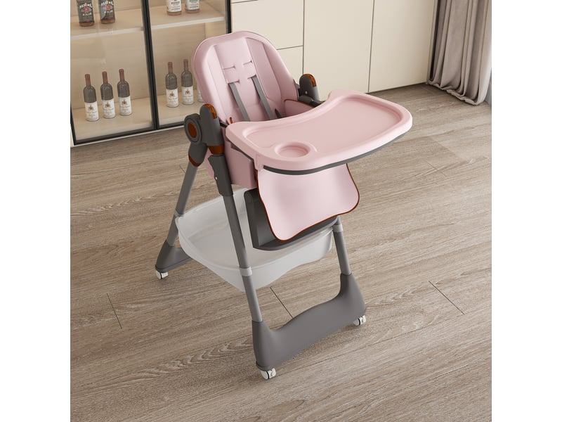 Chaise haute bébé pliable avec plateau réglable, dossier inclinable, harnais 5 points et roulettes, polypropylène rose  - Conforama B