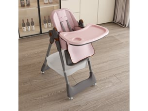 Chaise haute bébé pliable avec plateau réglable, dossier inclinable, harnais 5 points et roulettes, polypropylène rose