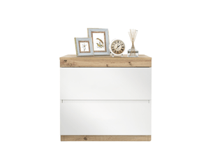 Table de chevet avec 2 tiroirs de rangement pour chambre en panneaux de particules blanc et chêne