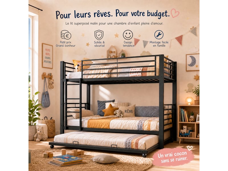  Lit superposé enfant 3 couchages 90x200 cm, lit gigogne 90x190 cm, barrières, échelle, certifié en747, métal noir Radiant Stride - Conforama E