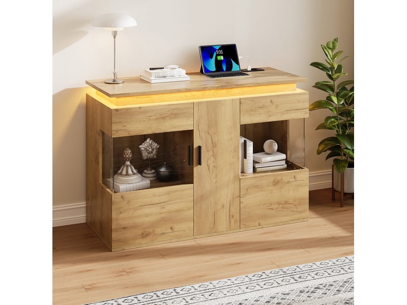  Buffet bas avec led et station de charge – chêne clair – 120 x 40 x 79,5 cm  - Conforama C
