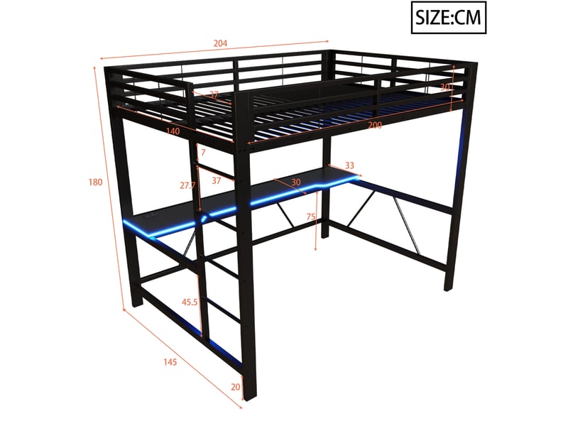  Lit mezzanine 140 x 200 cm noir avec bureau, led et station usb  - Conforama E