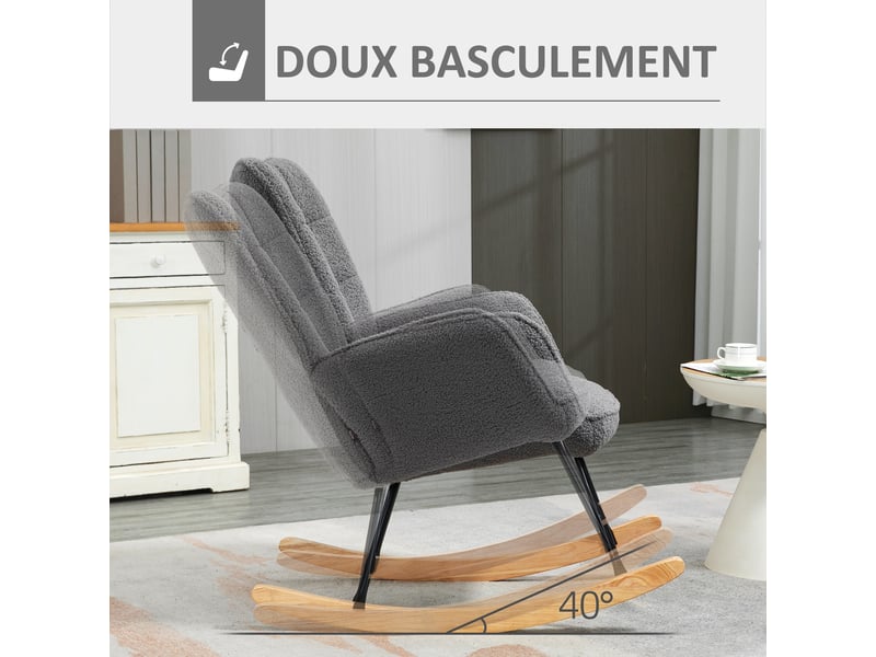  Fauteuil à bascule effet laine bouclée acier et hêtre gris foncé 71 x 98 x 101 cm  - Conforama D
