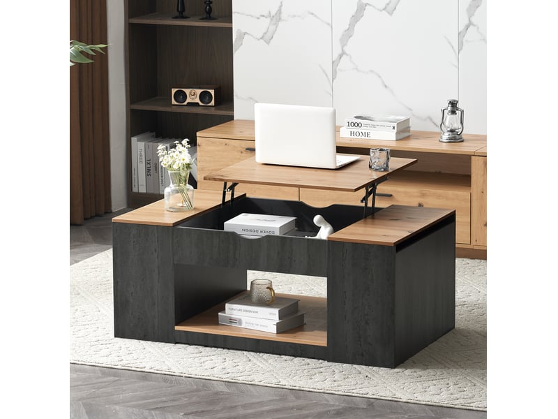 Table basse relevable avec 3 compartiments et 1 espace ouvert pour salon en mdf gris et brun 109,5 × 59,7 × 43 cm - Conforama D