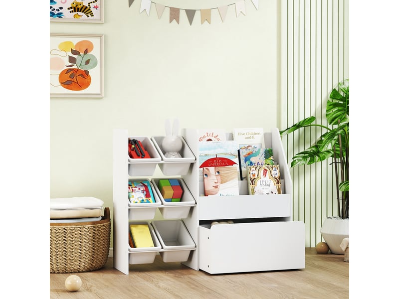 Meuble rangement enfant rangement jouet enfant 6 bacs amovibles et grand coffre à roulettes 100 x 30 x 80 cm blanc - Conforama C
