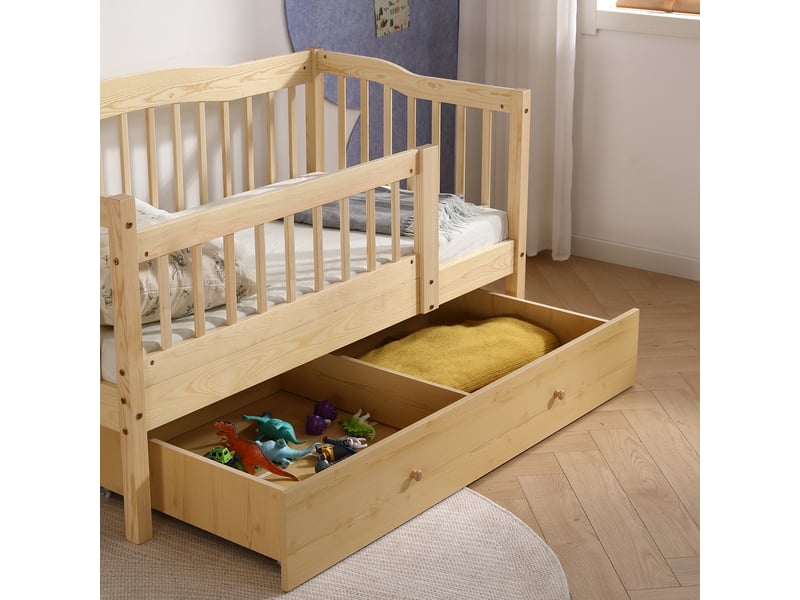  Lit enfant 70x140 cmavec tiroir et barrière de sécurité - sommier à lattes inclus,  naturel  - Conforama E