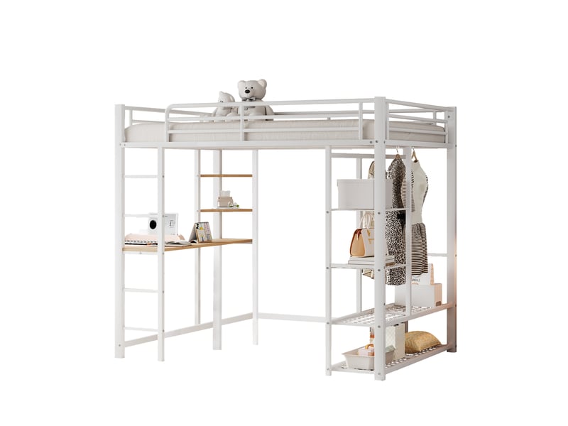 Lit mezzanine enfant 140x200 cm, table, étagère, garde-corps, sommier, métal blanc, sans matelas - Conforama A