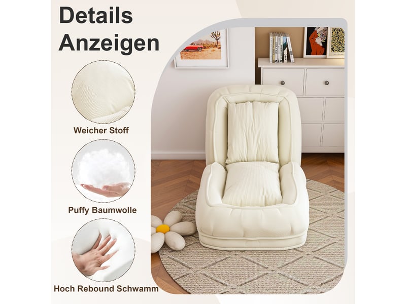  Canapé-lit ergonomique pliable crème, réglable 5 positions avec 2 coussins  - Conforama E