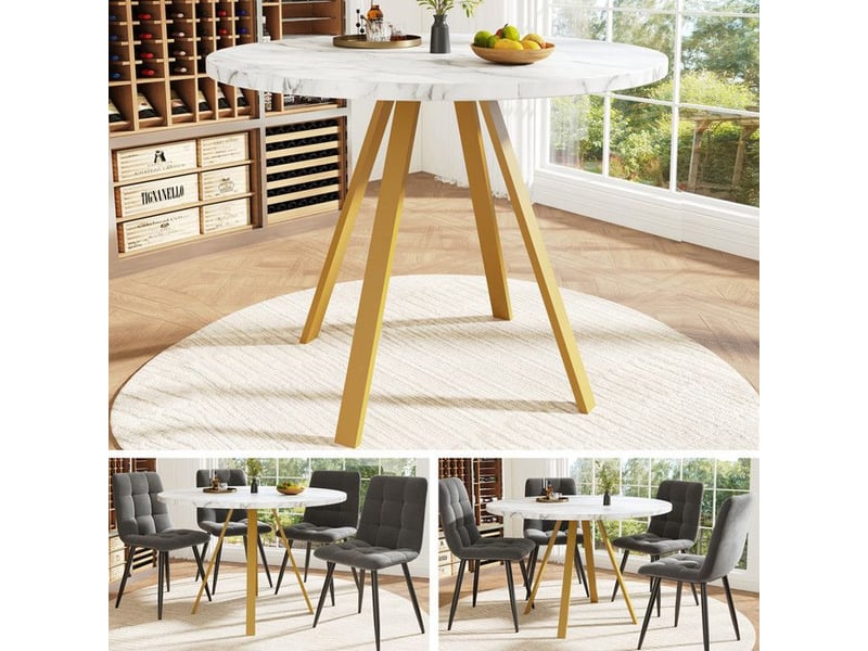  Table à manger ronde 80cm - motif marbre blanc - pieds métal dorés &amp;plateau mdf facile à nettoyer - pour 4 personnes - gain de place 80x80x75cm - Conforama B