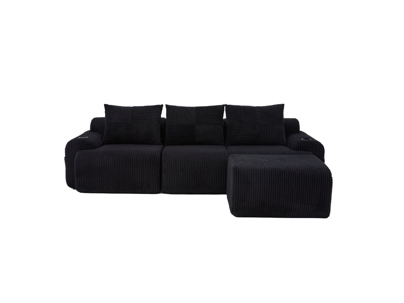 Canapé modulaire 3 places 268x174x80 cm, porte-gobelet, poche latérale, assise large, pouf inclus, velours côtelé noir - Conforama A