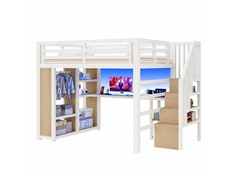  Lit mezzanine 140 x 200 cm en métal blanc avec bureau, escalier de rangement, éclairage led et port usb, sans matelas  - Conforama A