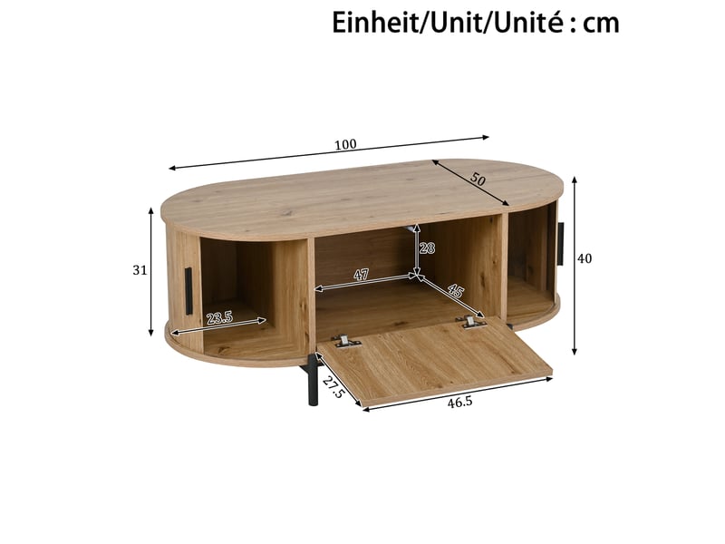  Table basse ovale en rotin 100x50x40 cm, espace de rangement, portes coulissantes, pour salon, mdf, couleur naturel  - Conforama C
