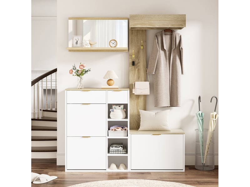  Meuble à chaussures en bois clair bicolore de 130 cm de large, avec 2 tiroirs  - Conforama B