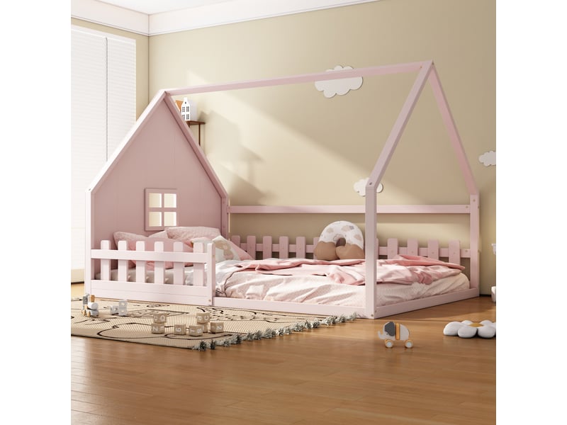  Lit cabane enfant 140x200, lit enfant rose en bois de pin, cadre de lit avec barrière de sécurité, design maison, 140x200 cm  - Conforama R
