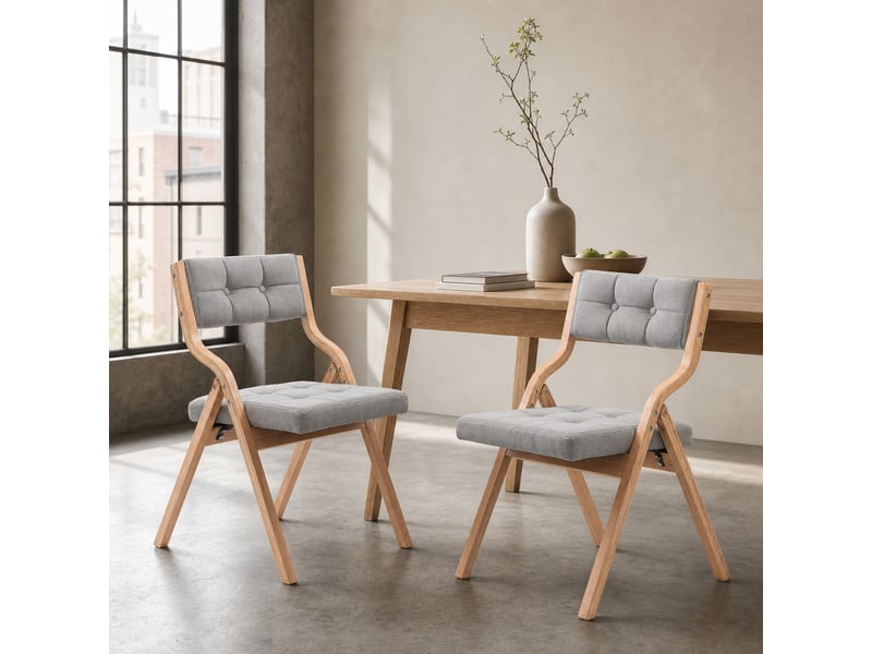  Chaise de salle à manger pliante 2 pièces avec coussin large, dossier incurvé et assise confortable, en bois, gris  - Conforama B