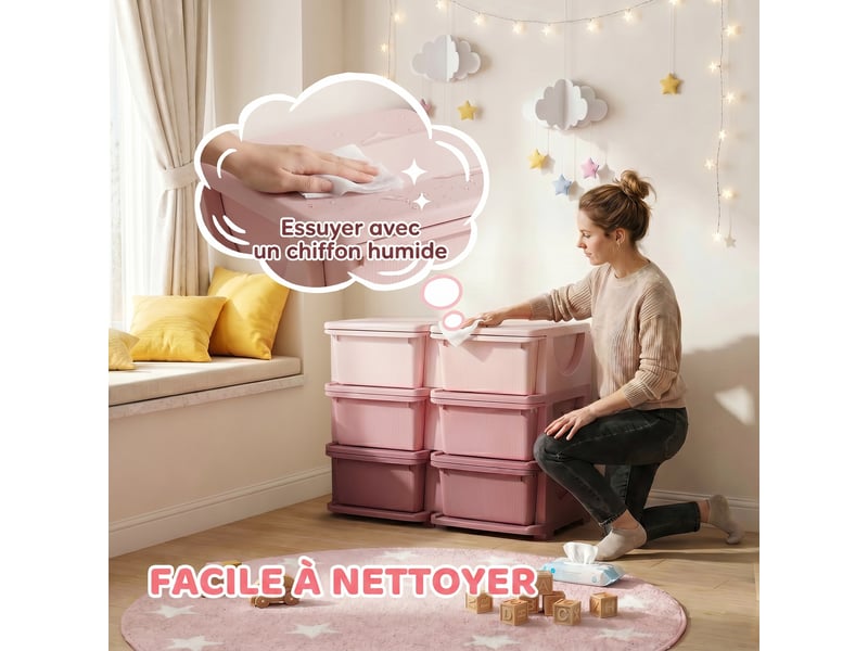  Organisateur de jouets pour enfants à 3 niveaux avec 6 tiroirs, boîtes de rangement en plastique, rose, 75x37x56,5cm  - Conforama R