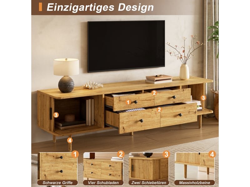  Meuble tv avec 4 tiroirs et 2 portes coulissantes - lpospi - coins arrondis, mdf bois, 165 × 40 × 46 cm  - Conforama E