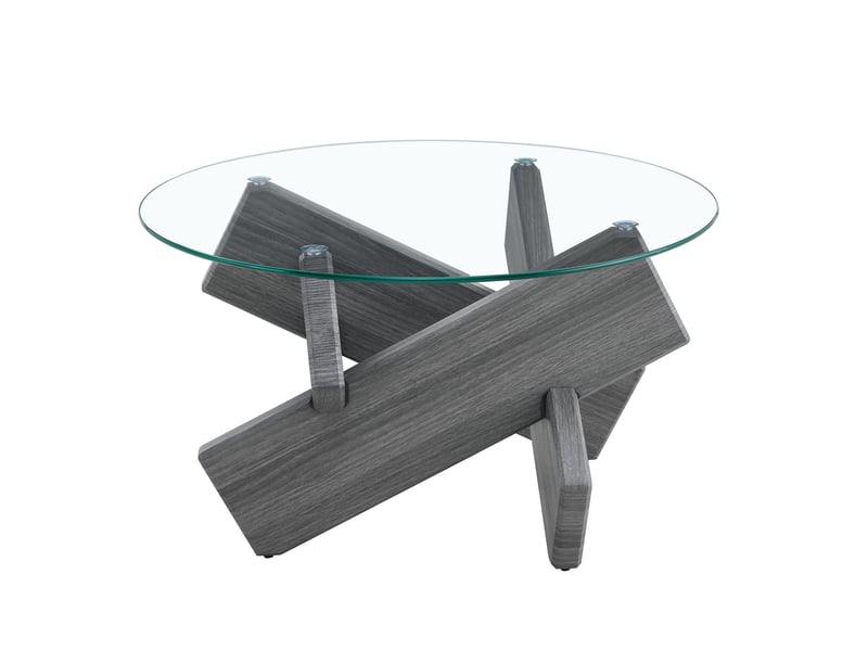  Table basse ronde avec plateau en verre et piètement croisé, style moderne, en mdf et verre, gris transparent  - Conforama A
