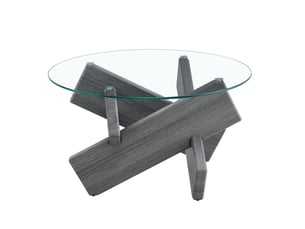 Table basse ronde avec plateau en verre et piètement croisé, style moderne, en mdf et verre, gris transparent