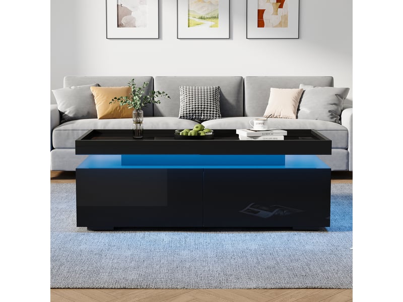  Table basse 95x45x35 cm avec led, 2 tiroirs et plateau laqué brillant, table de salon moderne avec rangement et éclairage d'ambiance - noir  - Conforama C