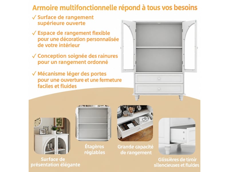  Buffet blanc style campagne avec portes vitrées cintrées, 2 tiroirs, 71 x 38 x 106,5 cm  - Conforama D