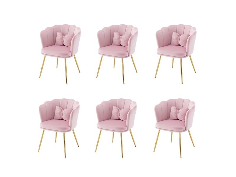  Lot de 6 fauteuils design 63x58x77 cm, dossier pétale, accoudoirs, coussins, pieds dorés, velours rose  - Conforama A