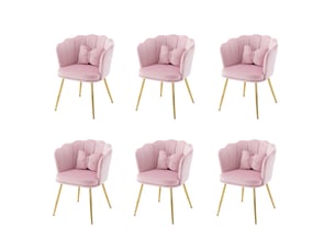 Lot de 6 fauteuils design 63x58x77 cm, dossier pétale, accoudoirs, coussins, pieds dorés, velours rose