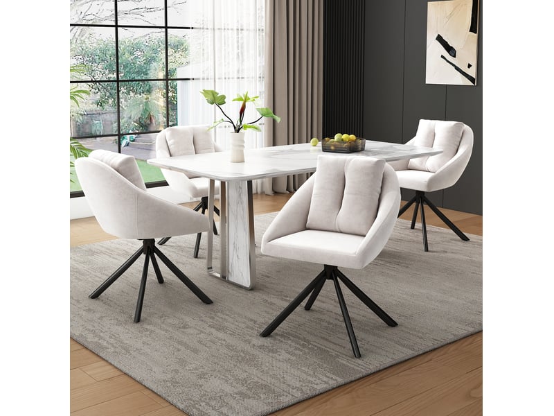  Lot de 4 chaises salle à manger 59x65x79 cm en velours aéré et métal beige, pivotantes à 360°, dossier rembourré englobant  - Conforama D