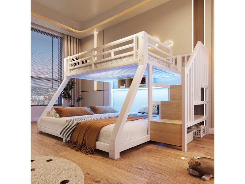  Lit superposé 90x200140x200 cm avec led et 3 rangements, lit en métal avec escalier de rangement, garde-corps et certification en747, blanc OPULERANE TRADING LTD - Conforama B