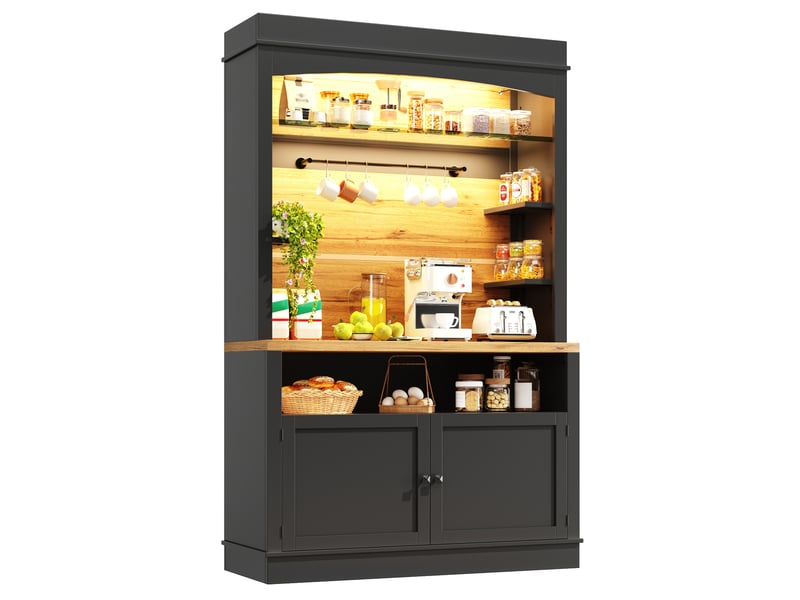  Buffet cuisine 2 portes, 107 x 43 x 184 cm, éclairage led, 6 crochets, espace de travail et dispositif anti-basculement, mdf, noir Morn Vibe - Conforama A