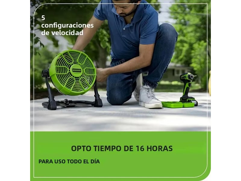  Greenworks ventilateur 24 v 10 (5 vitesses) 500 cfm hybride 360 ° rotatif (ac dc) avec chargeur ac batterie 4ah et chargeur rapide inclus  - Conforama E