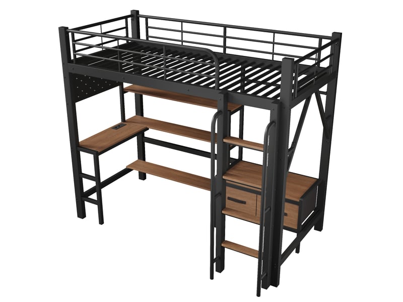  Lit mezzanine, 90 x 200 cm, structure en fer, panneau perforé, plusieurs étagères, tiroirs en tissu, bureau, avec port usb, barrière de sécurité, tringle à vêtements, avec éclairage led, sans matelas, noir  - Conforama E
