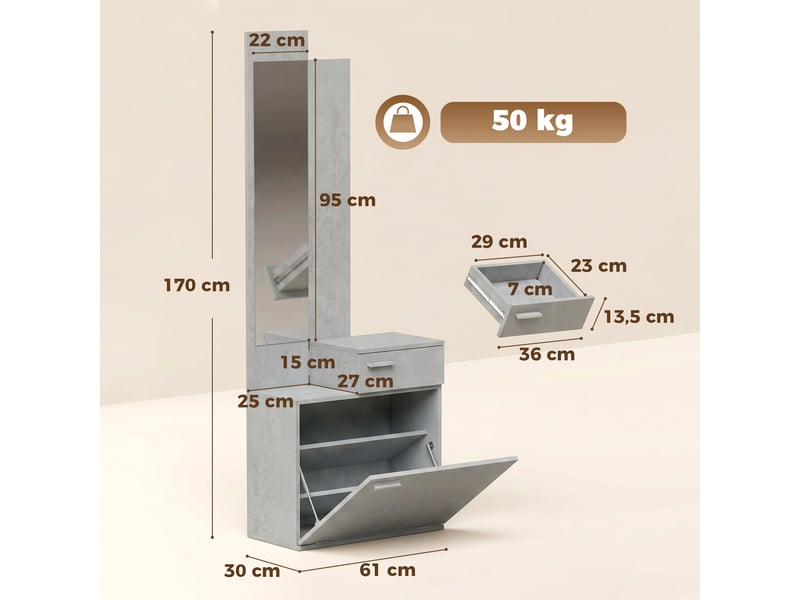  Ensemble meuble d'entrée avec miroir, tiroir 61 x 30 x 170 cm gris  - Conforama E