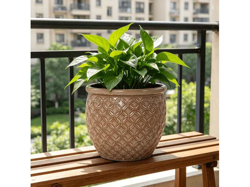  Pot de fleurs en céramique ø 30,5 x h 27 cm – beige brillant – relief pièce et trous de drainage  - Conforama B