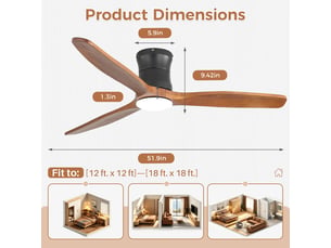 Ventilateur de plafond bois avec lumière et télécommande 132 cm, moteur dc silencieux 6 vitesses, réversible, montage encastré