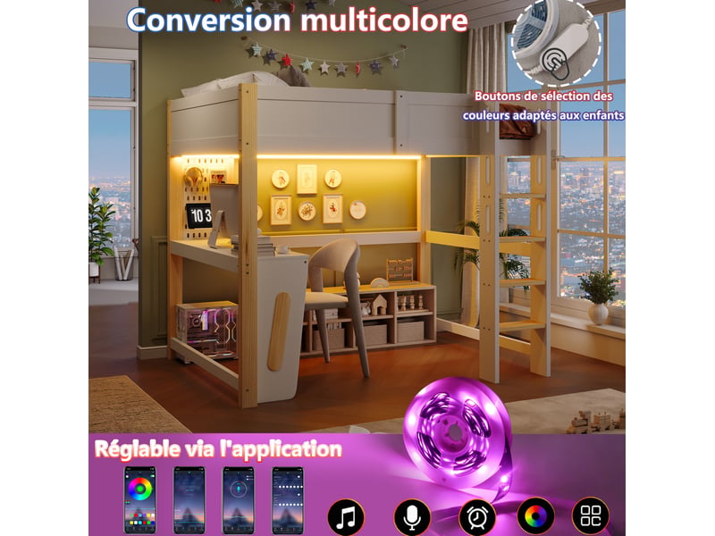 Lit mezzanine 140x200 cm, bureau, panneau perforé, led réglable, bois de pin et mdf, naturel et blanc sans matelas - Conforama E