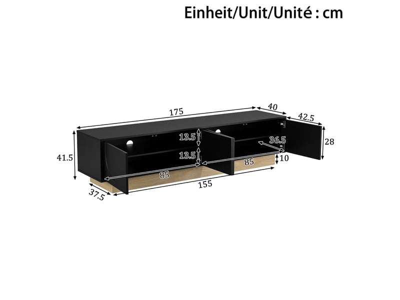  Meuble tv noir 175 cm, portes arrondies et rangement généreux  - Conforama D