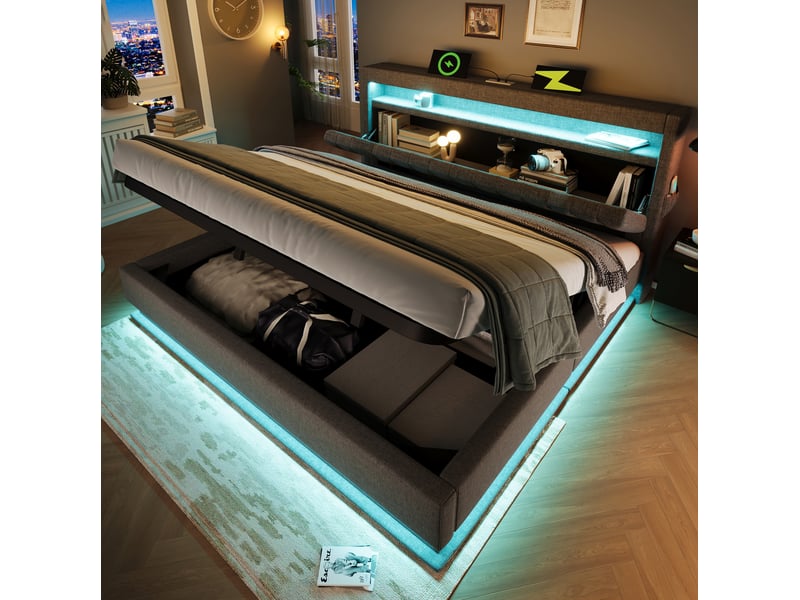  Lit coffre 140 x 200 cm gris en lin avec matelas, led, usb et usb-c  - Conforama B