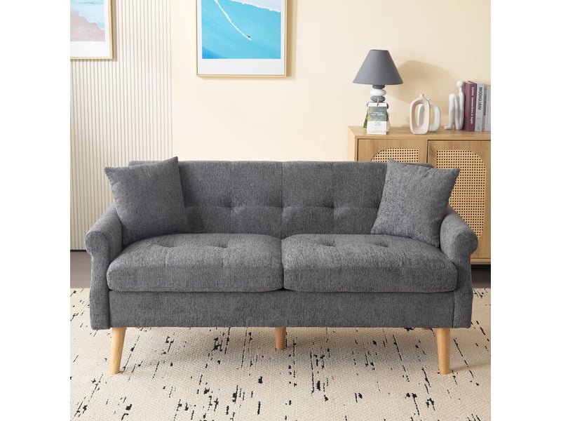  Canapé droit 2 places 162 x 74 x 77 cm en chenille grise, coussin d’assise épais 15 cm, accoudoirs ergonomiques, pieds en bois massif, format compact  - Conforama C